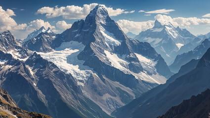 Majestic mountain peaks covered with snow and ice under a cloudy sky