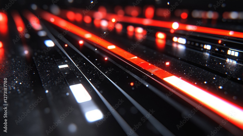 Poster a dynamic abstract background featuring glowing red and white lines on a dark surface, creating a se