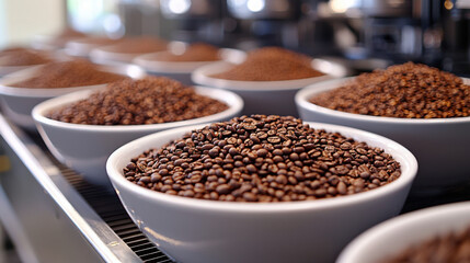 Freshly roasted coffee beans in bowls at coffee roastery, showcasing rich textures and colors