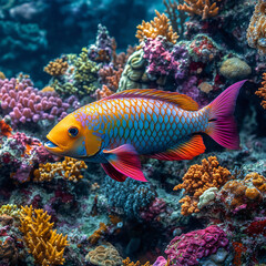 A parrotfish swimming among the colorful coral in a vibrant reef