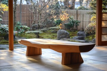 Rustic Wooden Bench in a Japanese Garden