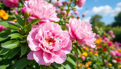 Pink Peonies Blooming in Sunny Garden