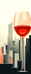 Obraz premium Glass of red wine is shown in front of a city skyline. The wine glass is tall and slender, with a clear stem. The cityscape in the background is filled with tall buildings