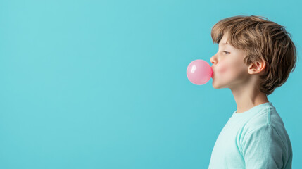 child blowing oversized pink bubble gum, profile view, turquoise backdrop, glancing sideways