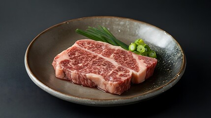 A beautifully plated Ohmi-gyu steak served on a traditional Japanese ceramic plate