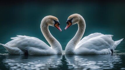 Fototapeta premium Two elegant swans forming a heart shape on a tranquil lake at dusk
