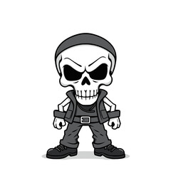 a skull emoji wearing a leather jacket, belt, and shoes.