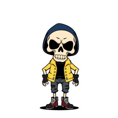 a skull emoji wearing a yellow jacket, black pants, and red and black shoes.