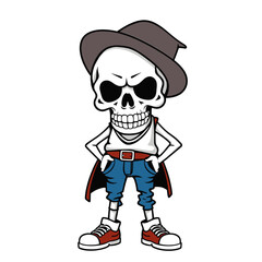 a skull emoji wearing a hat, a white shirt, blue pants, and red shoes.