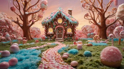 Obraz premium Enchanted Candyland Forest: Lollipop Trees and Chocolate River in a Sweet Dreamscape