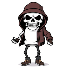 a skull emoji wearing a hoodie and boots, with a menacing expression on its face.