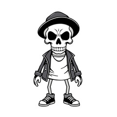 a skull wearing a hat, jacket, and sneakers.