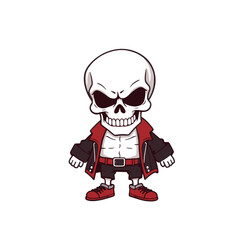 a skull wearing a red jacket, black pants, and red shoes.