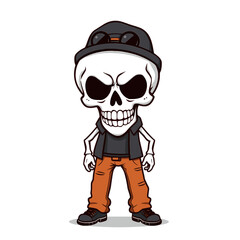 a skull emoji wearing a black hat, orange pants, and black shoes.