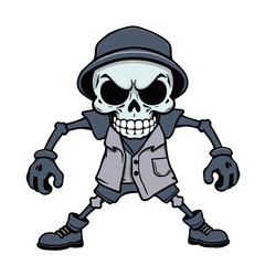 a skull emoji wearing a hat, vest, and gloves, with a menacing expression on its face.