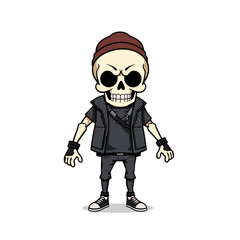 a skull emoji wearing a beanie, a leather jacket, and black shoes.