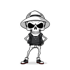 a skull wearing a hat, a leather jacket, and sneakers.