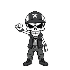 a skull emoji wearing a baseball cap with an x on it, a leather jacket, and boots.