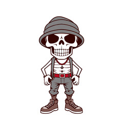 a skull wearing a hat, a red belt, and sneakers.