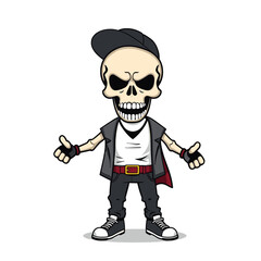a skull emoji wearing a baseball cap, a leather jacket, and sneakers.
