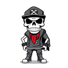 a skull emoji wearing a black baseball cap with a white 