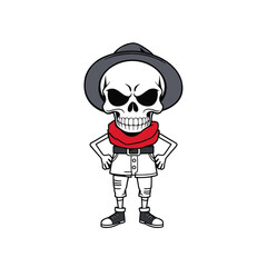 a skull wearing a hat, scarf, and shoes, with a stern expression on its face.