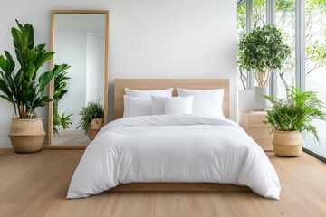 Fototapeta premium Bright and Airy Scandinavian Inspired Bedroom with Natural Elements