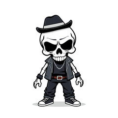 a skull emoji wearing a fedora hat, a leather jacket, and sneakers.