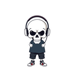 a skull wearing headphones and a black t-shirt.