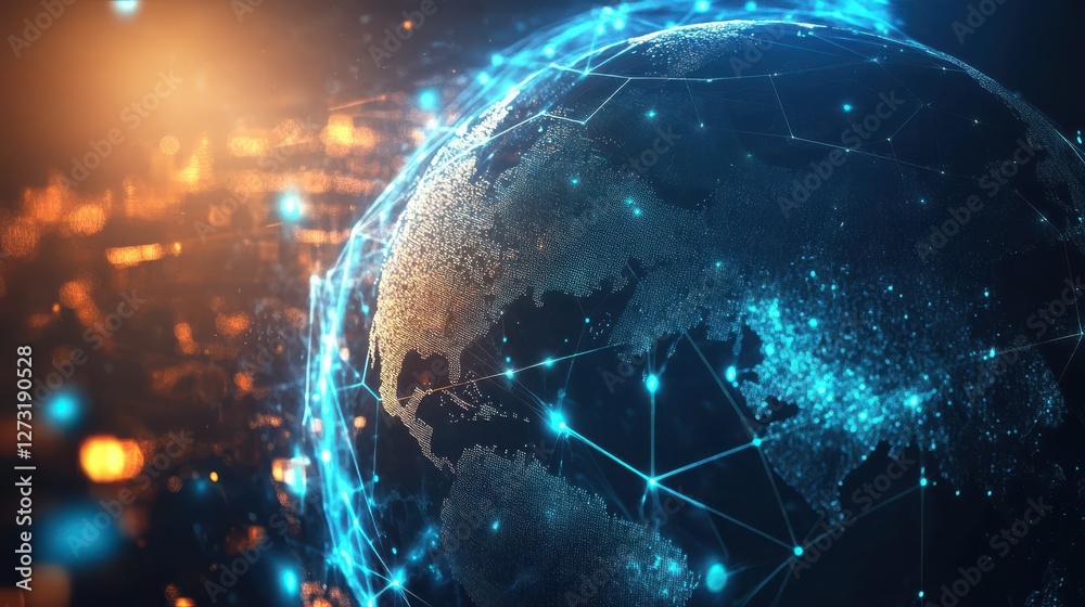 Poster blockchain technology futuristic hud background with world globe and blockchain polygon peer to peer