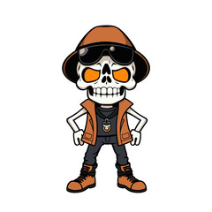 a skull emoji wearing a hat, sunglasses, and a vest.