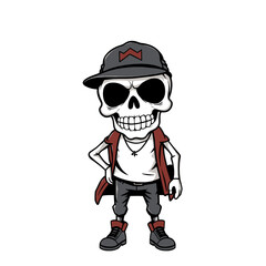 a skull emoji wearing a baseball cap, sunglasses, and a red jacket.