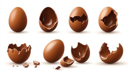 Fototapeta premium Chocolate eggs set. Isolated whole, broken, exploded, cracked and open brown eggs collection. Realistic sweet chocolate candy dessert icons. Vector Easter holiday celebration concept