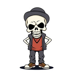 a skull emoji wearing a hat, vest, and sneakers.