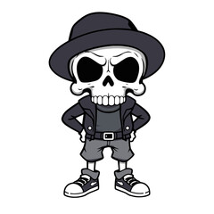 a skull emoji wearing  dark clothing, such as leather jackets, studded belts, and tight-fitting jeans,hats, earrings and necklaces.