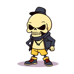 a skull emoji wearing a hat, a jacket, and yellow shorts.