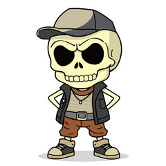 a skull emoji wearing a baseball cap, a leather vest, and brown pants.