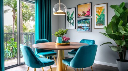 Fototapeta premium Cozy Dining Nook with Round Wooden Table and Vibrant Decor