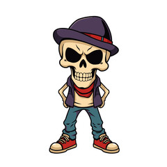 a skull emoji wearing a hat, a scarf, and a shirt.