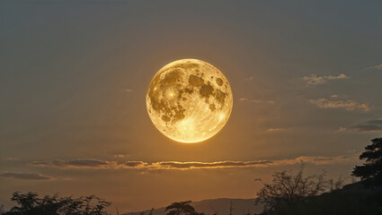 Huge golden full moon rising at dusk over the hills