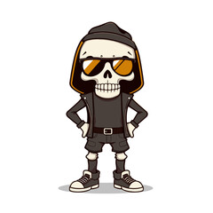 Skull emoji wearing sunglasses, a black hoodie, and sneakers.
