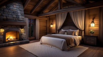 Cozy Rustic Bedroom with Canopy and Exposed Wooden Elements