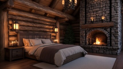 Cozy Rustic Bedroom with Canopy Bed and Exposed Wood Elements