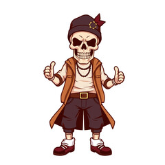 a skull emoji character wearing a hat, vest, and leather jacket, giving a thumbs up gesture.