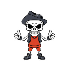 a skull emoji wearing a hat, vest, and shoes, giving a thumbs up gesture.
