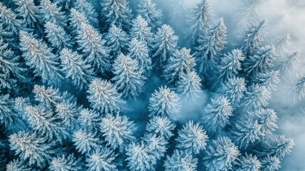 Aerial view of a snowy pine forest shrouded in mist