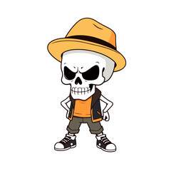 a skull emoji wearing a yellow hat, orange shirt, black pants, and black and white sneakers.