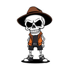 a skull emoji wearing a brown hat, orange vest, and black pants, with a stern expression on its face.