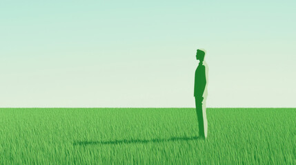 figure stands in green field under clear sky