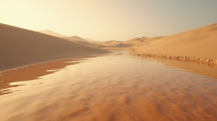 Tranquil River Flowing Through Expansive Desert Landscape at Sunset